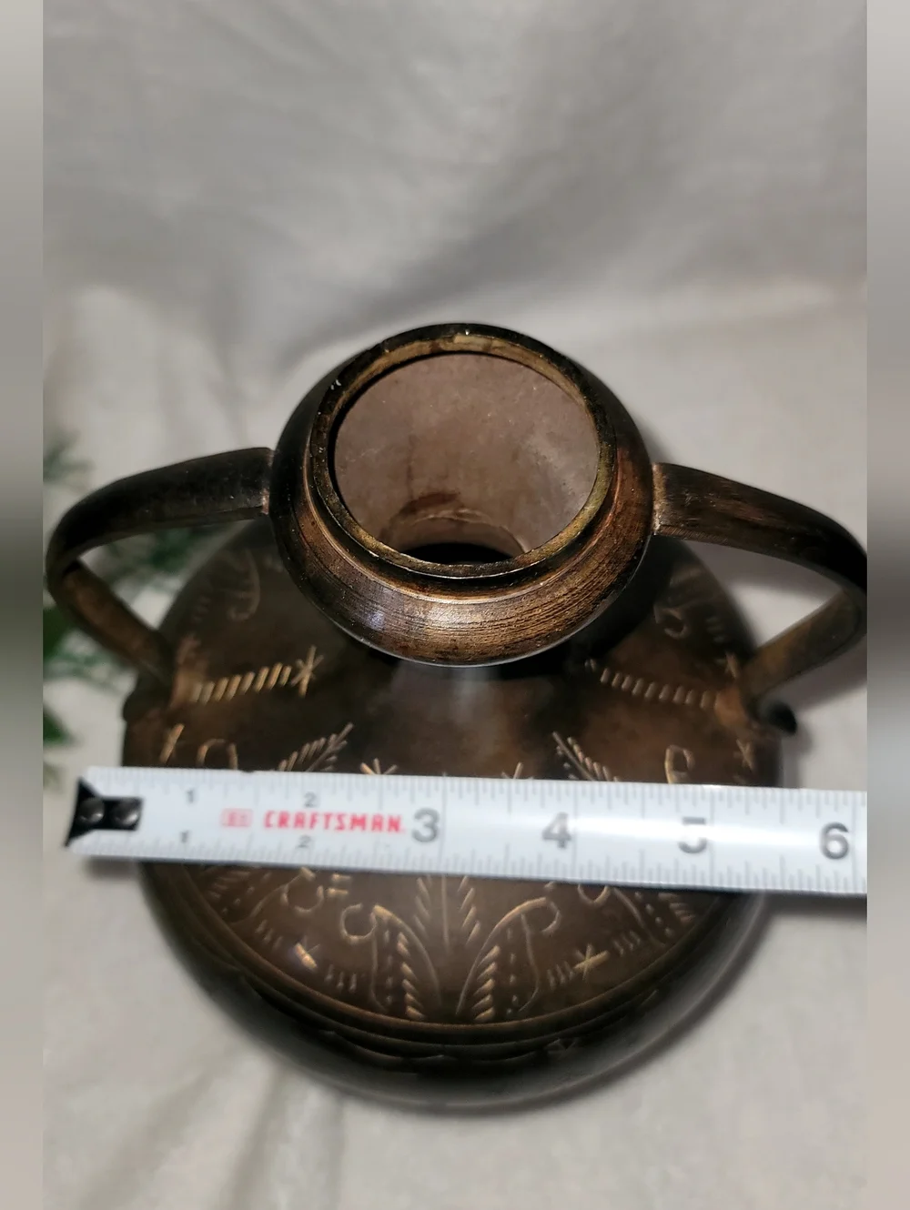 Vintage Solid Brass Amphora Vase Black Finish & Etched Designs